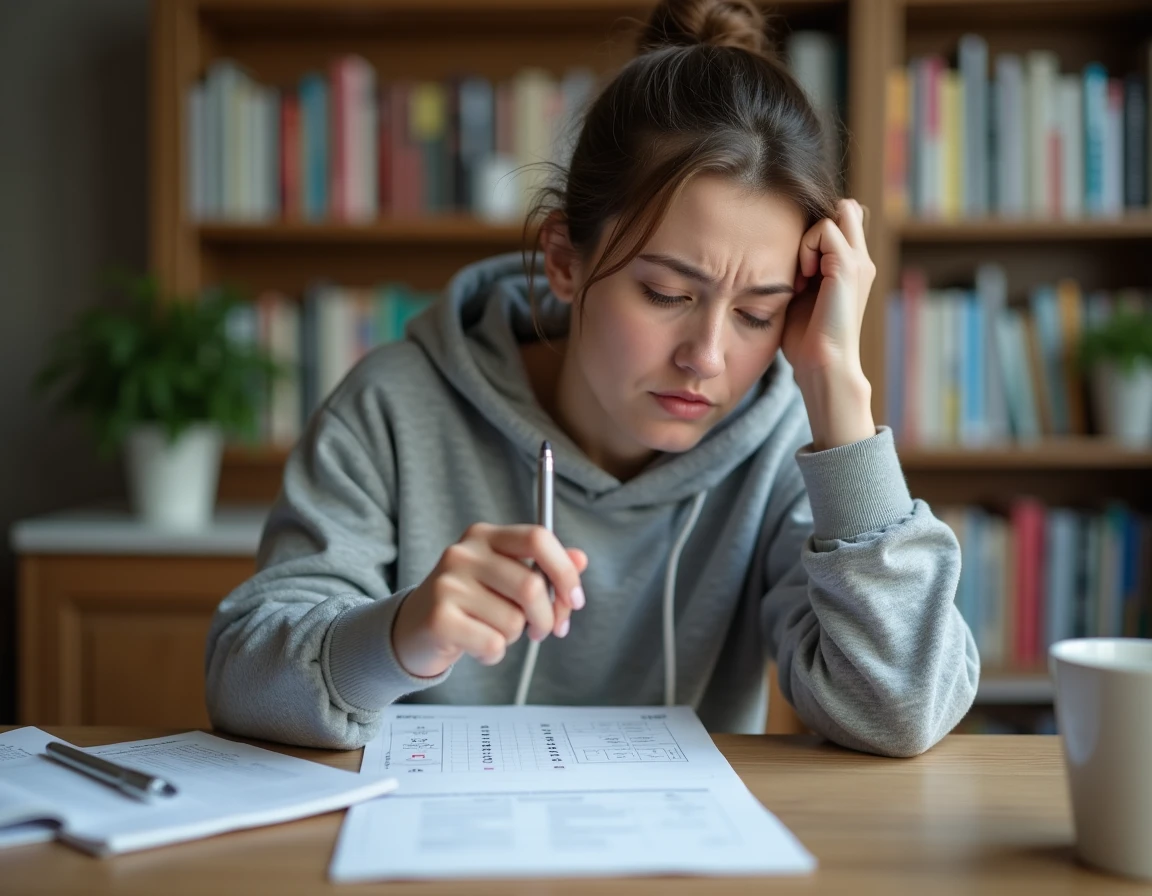 Jeune femme stressée révisant les 100 questions du code de la route à son bureau avec des notes éparpillées
