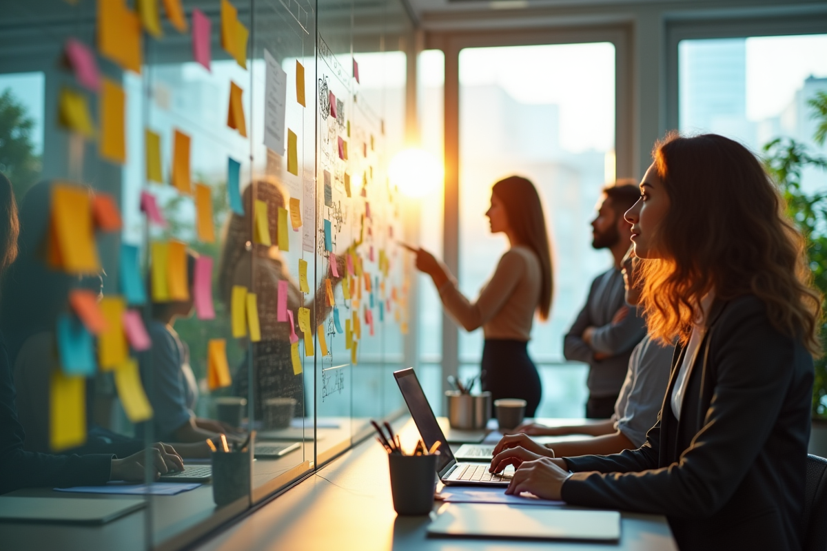 Espace de travail créatif moderne avec professionnels en brainstorming