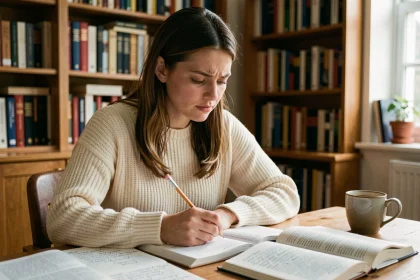 Jeune femme étudiant la conjugaison du passé simple dans un bureau avec des livres de grammaire française ouverts