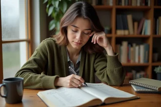 Jeune femme étudiant le subjonctif imparfait espagnol avec un manuel de grammaire ouvert sur un bureau en bois dans un espace de travail cosy