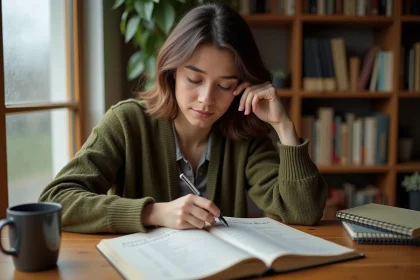 Jeune femme étudiant le subjonctif imparfait espagnol avec un manuel de grammaire ouvert sur un bureau en bois dans un espace de travail cosy
