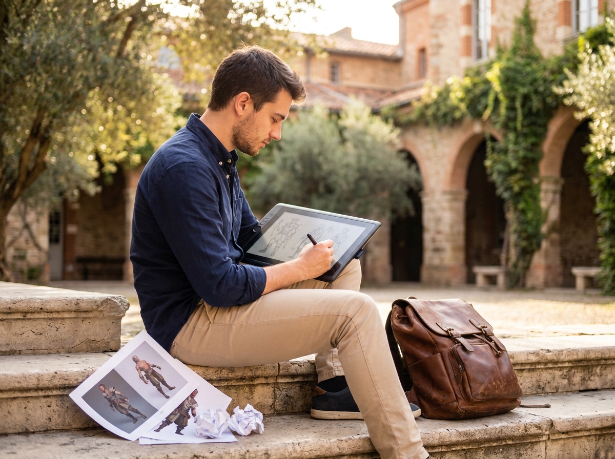 Jeune étudiant en animation 3D esquissant des concepts sur tablette graphique dans une cour ensoleillée en pierre rose à Toulouse