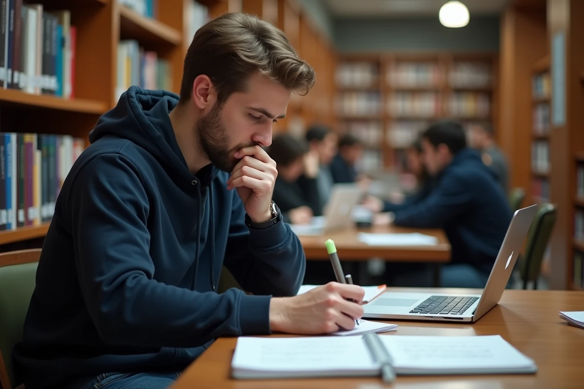 Étudiant travaillant sur une dissertation française dans une bibliothèque universitaire avec des exemples imprimés