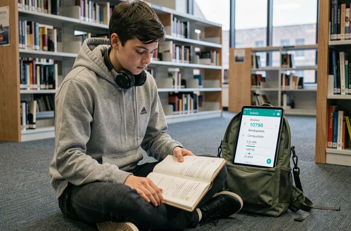 Étudiant apprenant les conjugaisons espagnoles avec un cahier et une tablette dans une bibliothèque