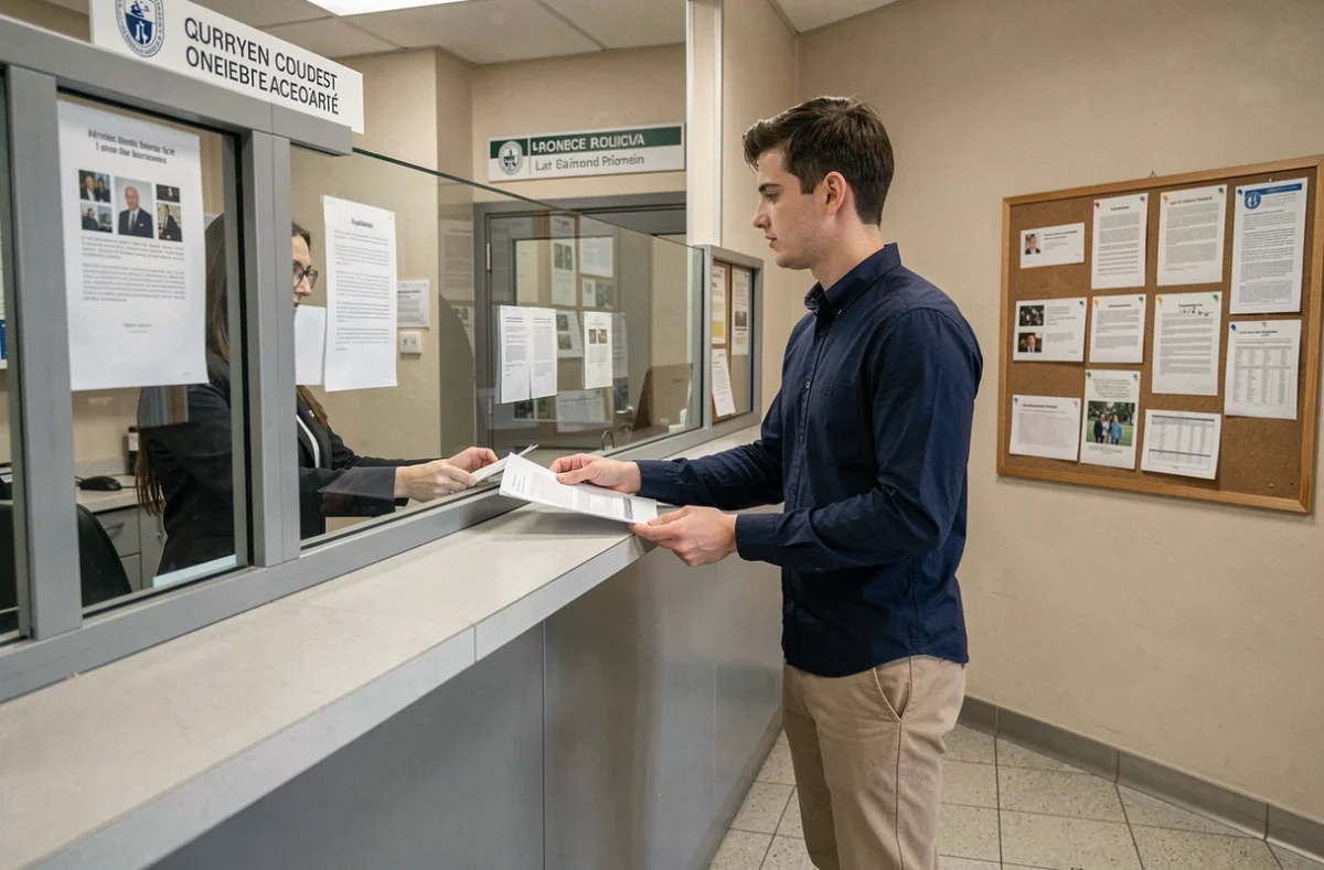 Étudiant déposant des documents administratifs au bureau des inscriptions d'une université française