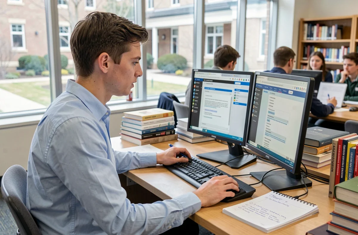 Étudiant organisant son espace ENT Le Mans Université dans une bibliothèque universitaire