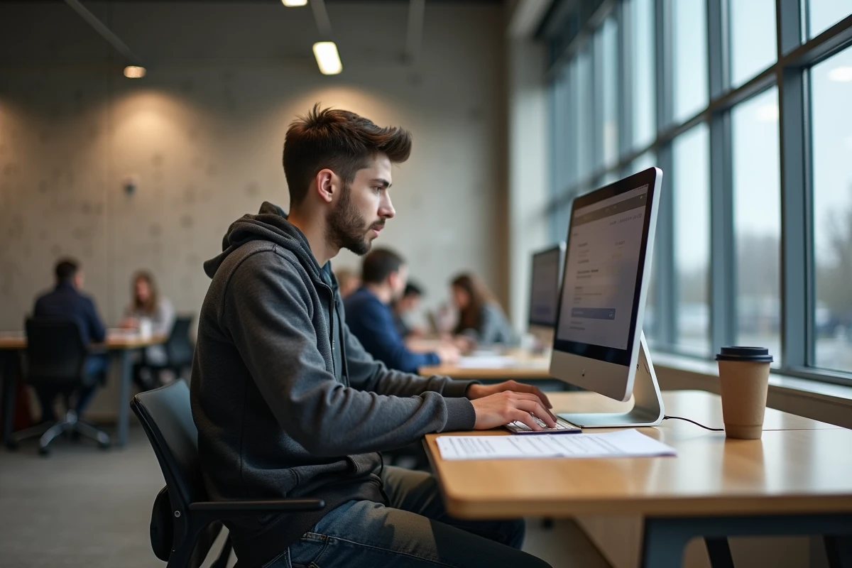 Étudiant masculin utilisant les outils numériques de l'ENT ULHN sur un ordinateur de campus