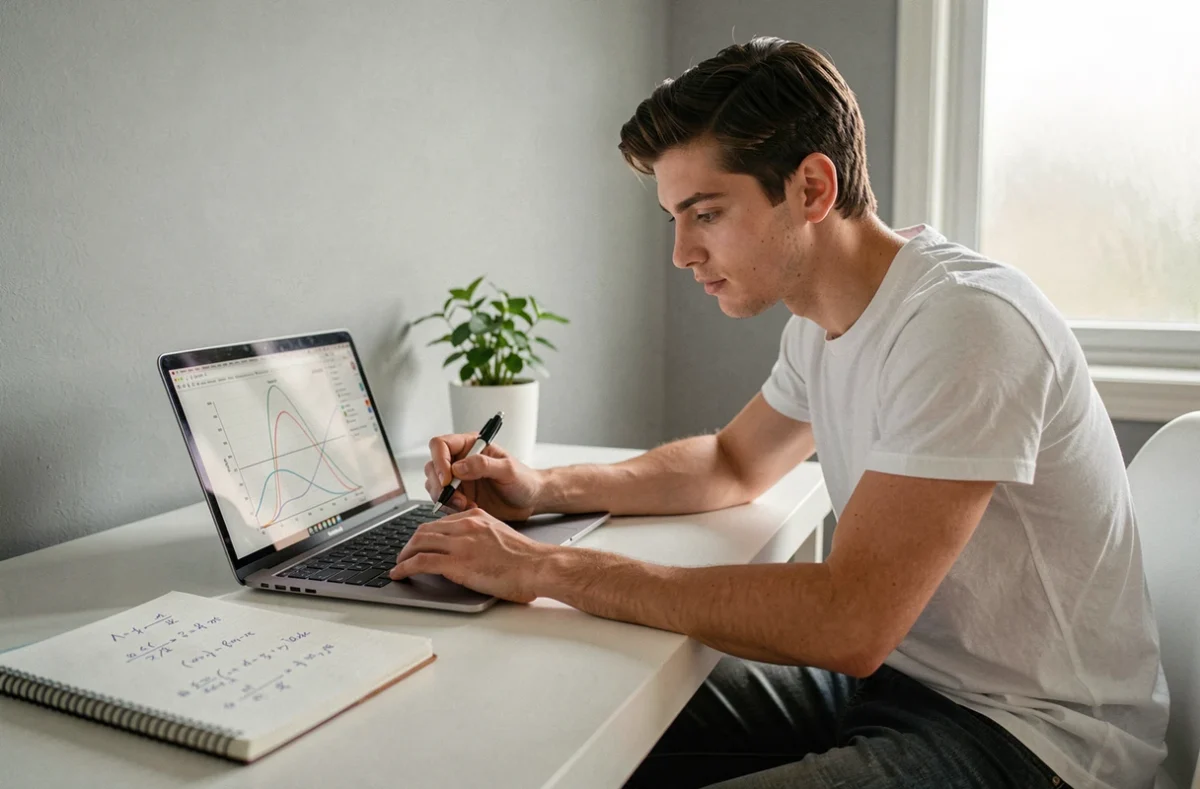 Étudiant travaillant sur les équivalents de limites en mathématiques avec un ordinateur portable et des notes manuscrites à son bureau