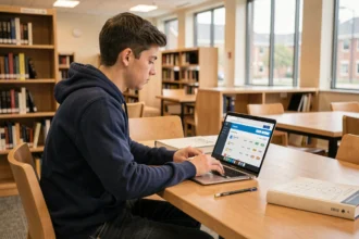 Étudiant ingénieur consultant son espace numérique ENT sur ordinateur portable en bibliothèque universitaire