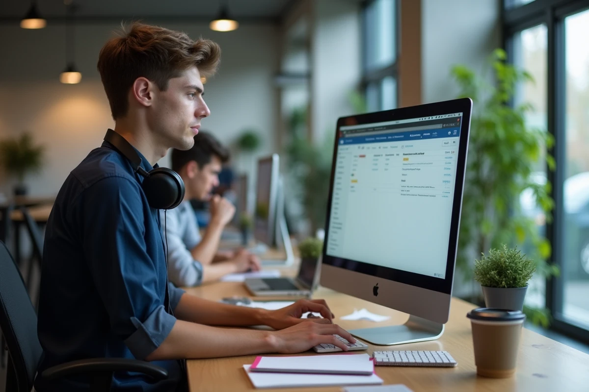 Étudiant organisant ses mails sur l'ENT universitaire dans un espace de coworking de campus moderne