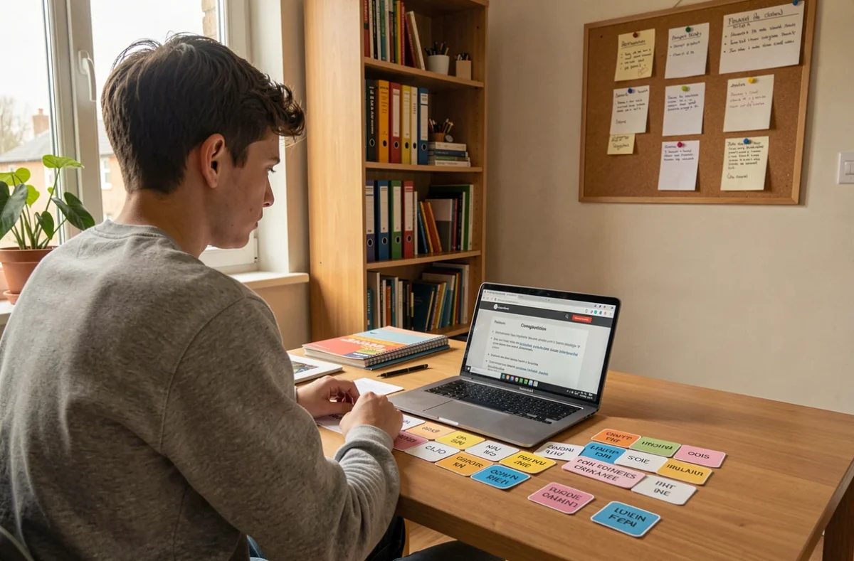 Étudiant au lycée qui prépare ses révisions d'imparfait espagnol à son bureau avec des fiches et un ordinateur portable
