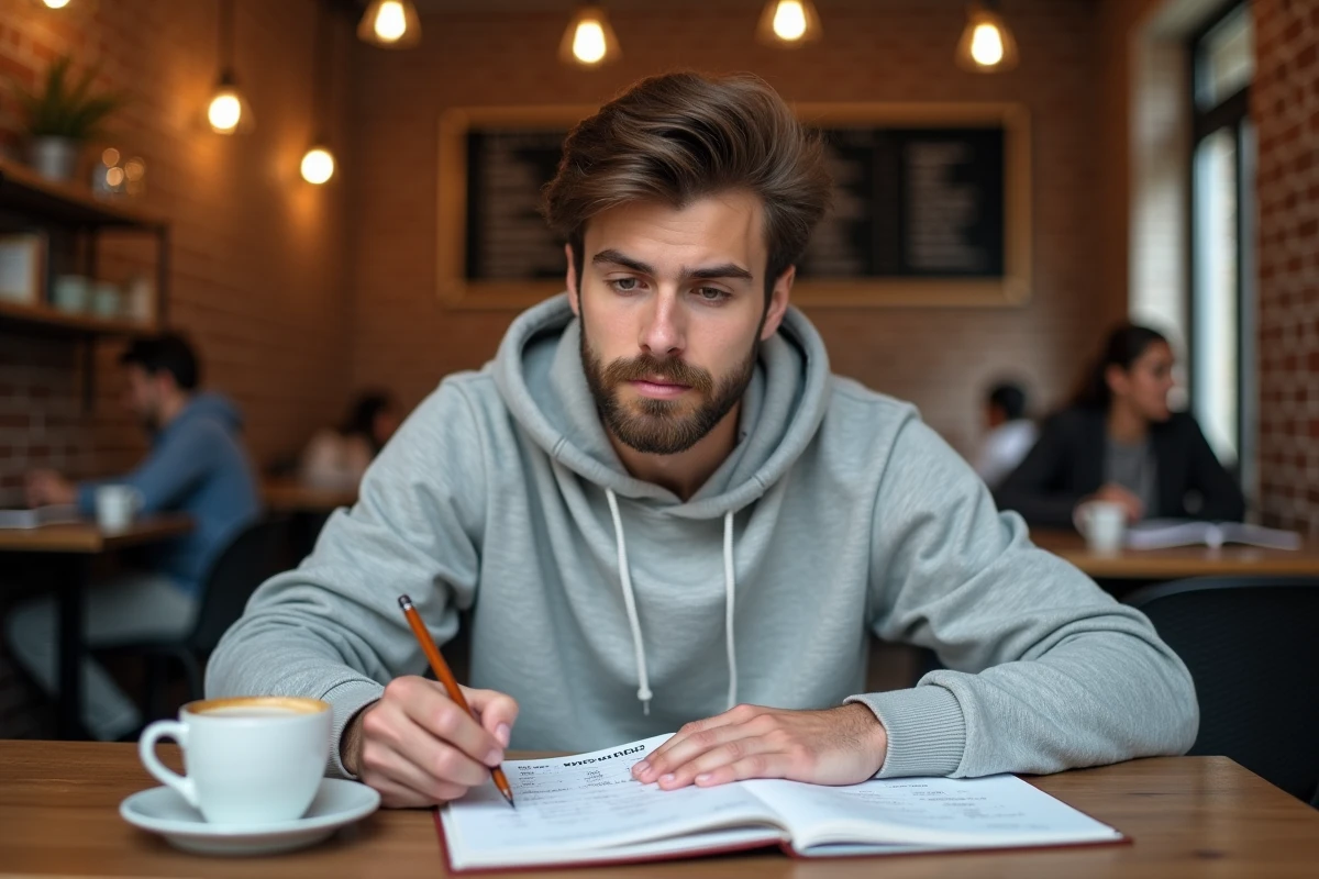 Étudiant révisant la conjugaison du passé simple du verbe tener dans un carnet de grammaire espagnole dans un café