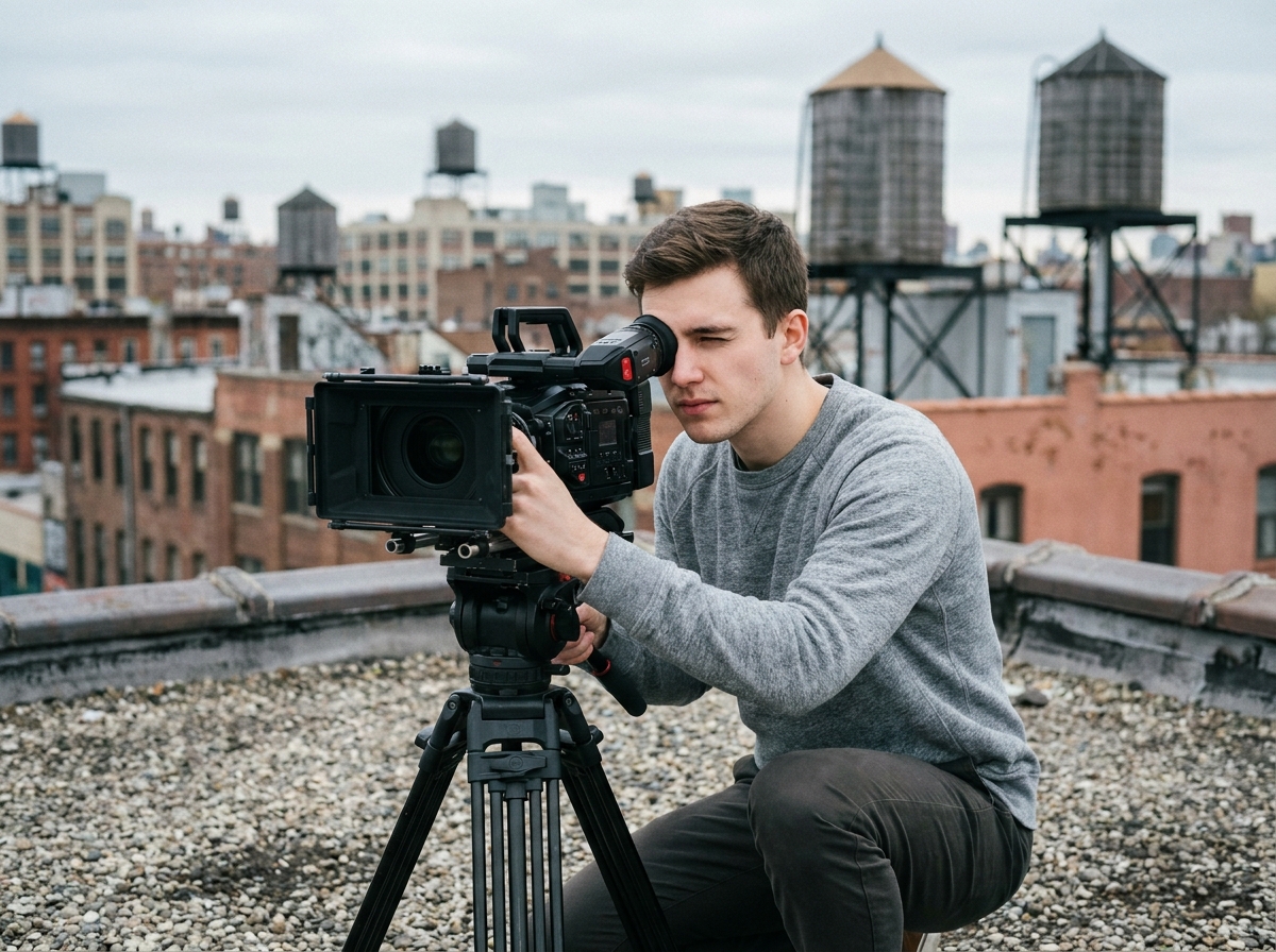 Étudiant en cinéma réglant une caméra sur un trépied sur un toit urbain lors d'un tournage en extérieur