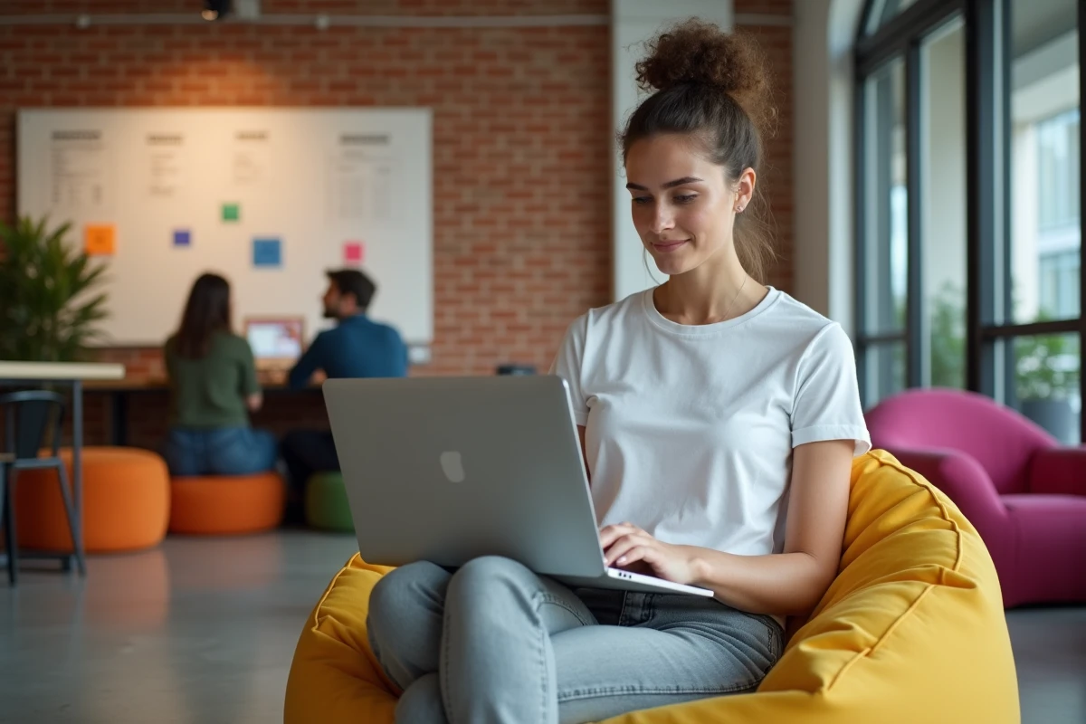 Étudiante en alternance développement web travaillant sur React et Figma dans un espace de coworking moderne