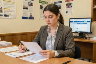 Étudiante en alternance consultant des documents administratifs au guichet d'une université française pour la CVEC