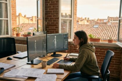 Étudiante en animation 3D travaillant sur Blender dans un studio créatif à Toulouse avec vue sur les toits en tuiles