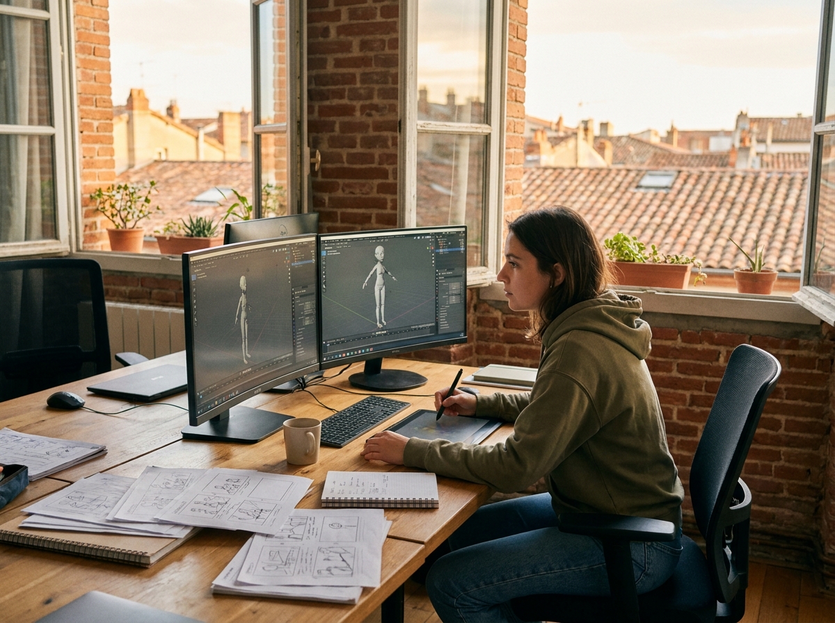 Étudiante en animation 3D travaillant sur Blender dans un studio créatif à Toulouse avec vue sur les toits en tuiles