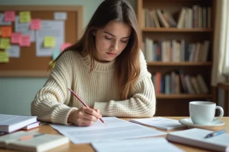 Étudiante annotant un exemple de dissertation française sur son bureau de chambre universitaire