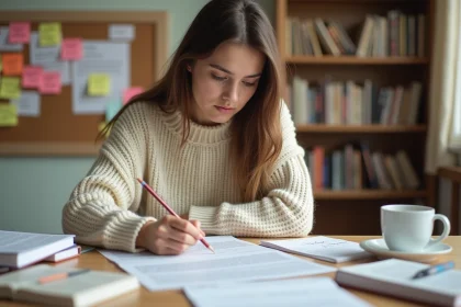 Étudiante annotant un exemple de dissertation française sur son bureau de chambre universitaire