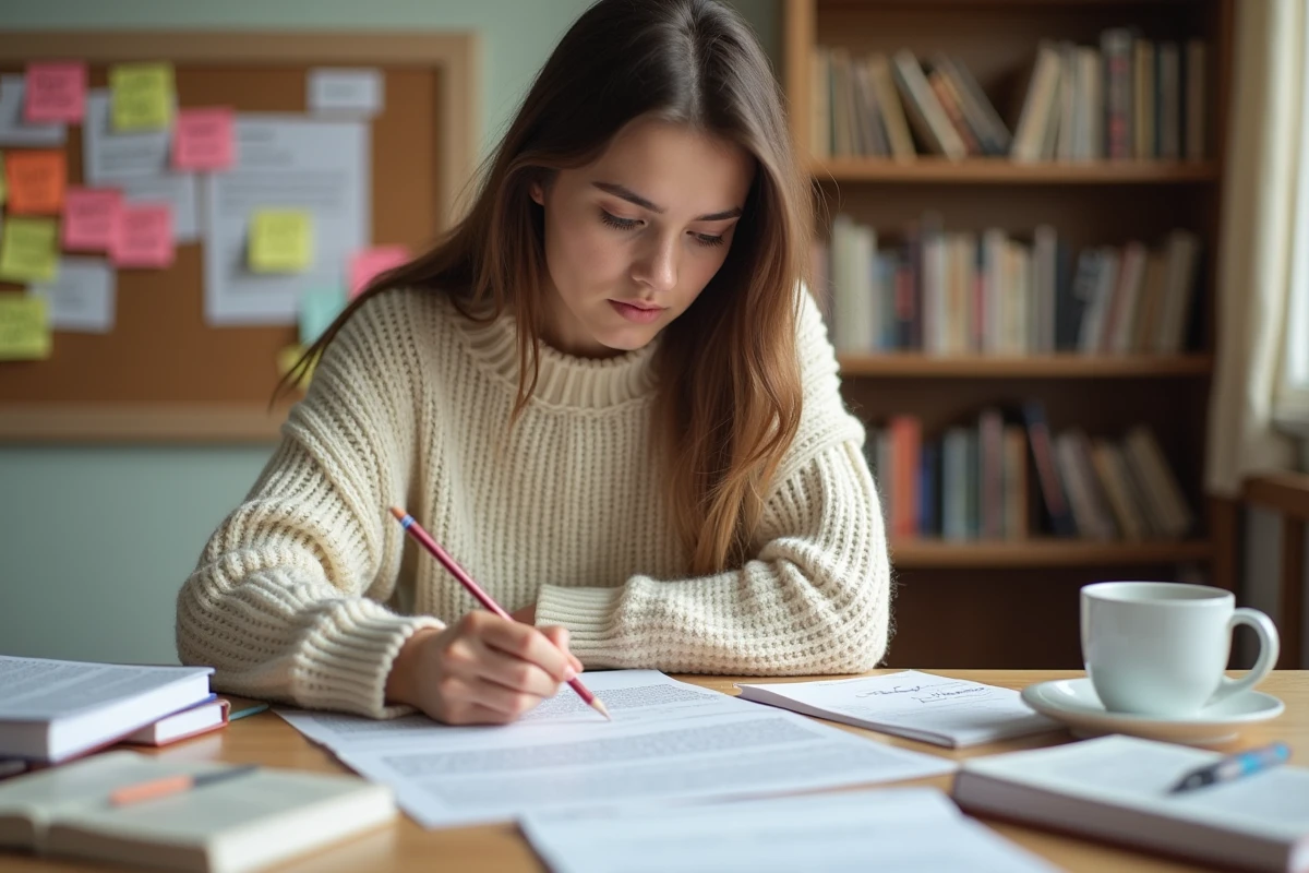 Étudiante annotant un exemple de dissertation française sur son bureau de chambre universitaire