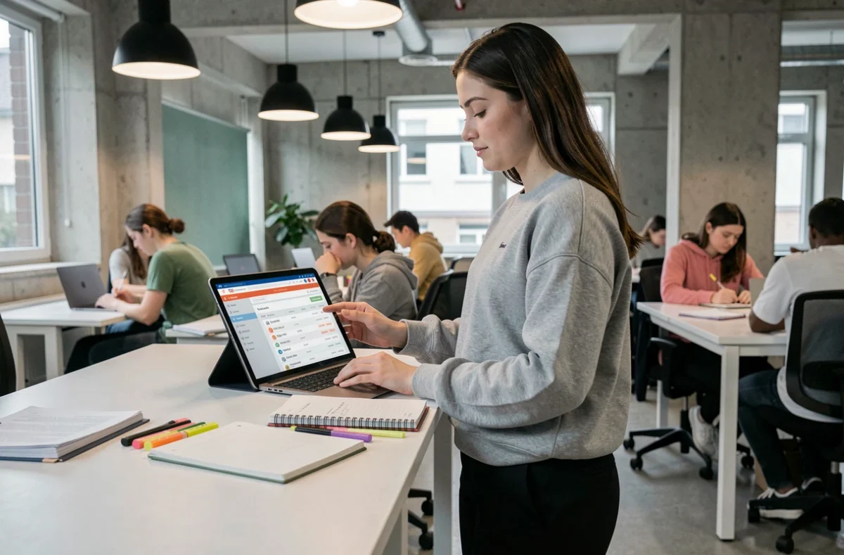 Étudiante en école d'ingénieurs utilisant une tablette pour accéder aux outils et notes en ligne sur l'ENT