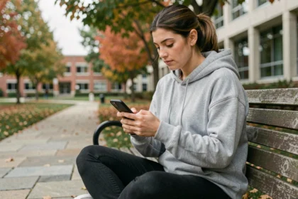 Étudiante accédant à l'ENT numérique sur son smartphone depuis le campus universitaire
