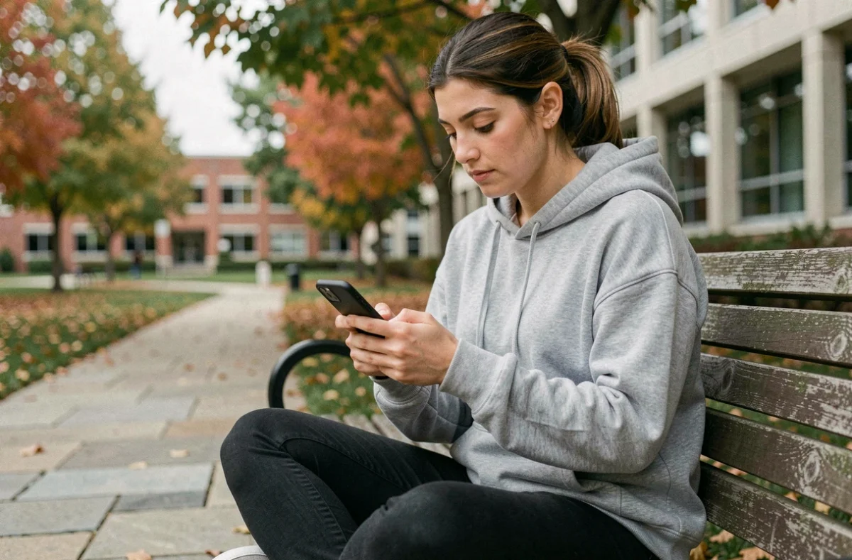 Étudiante accédant à l'ENT numérique sur son smartphone depuis le campus universitaire