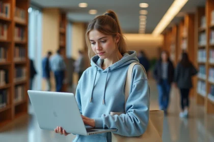 Étudiante consultant le portail ENT ULHN sur son ordinateur portable dans une bibliothèque universitaire moderne