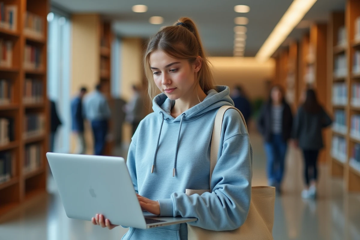 Étudiante consultant le portail ENT ULHN sur son ordinateur portable dans une bibliothèque universitaire moderne