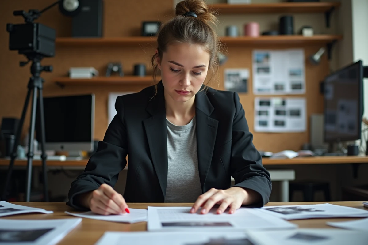 Étudiante en école Gobelins révisant son portfolio dans un studio de création professionnelle