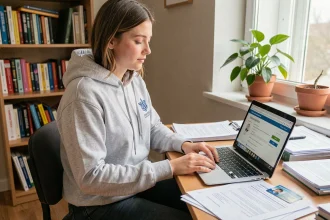 Étudiante devant son ordinateur portable gérant son inscription universitaire et le paiement de la CVEC