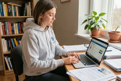 Étudiante devant son ordinateur portable gérant son inscription universitaire et le paiement de la CVEC
