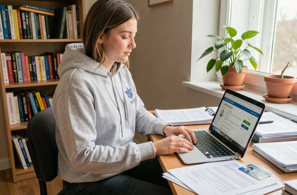 Étudiante devant son ordinateur portable gérant son inscription universitaire et le paiement de la CVEC