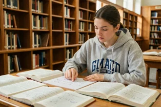 Étudiante en mathématiques consultant des notes sur les équivalents et les limites dans une bibliothèque universitaire
