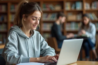 Étudiante consultant sa messagerie universitaire sur un ordinateur portable dans une bibliothèque de campus