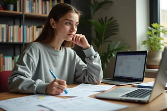 Étudiante organisée révisant son calendrier académique sur LISE ENSAM avec des notes et un ordinateur portable sur son bureau