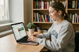 Étudiante personnalisant son ENT universitaire Le Mans sur un ordinateur portable dans son appartement