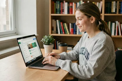 Étudiante personnalisant son ENT universitaire Le Mans sur un ordinateur portable dans son appartement