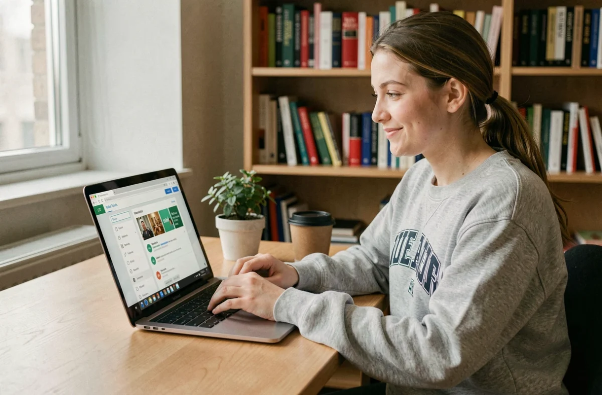 Étudiante personnalisant son ENT universitaire Le Mans sur un ordinateur portable dans son appartement