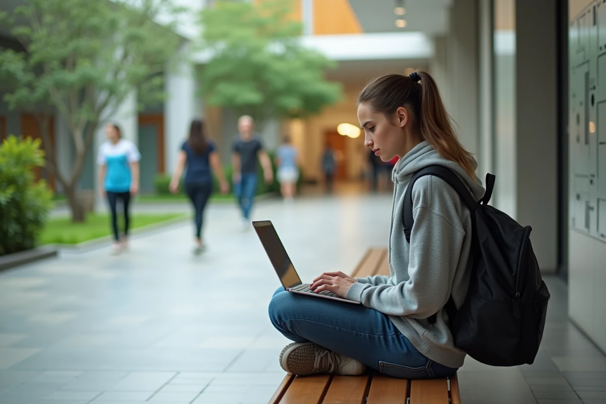 Jeune étudiante universitaire vérifiant sa connexion wifi