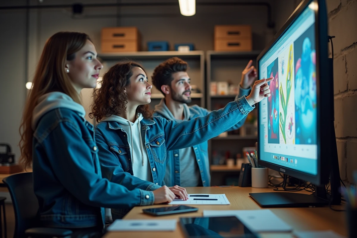 Groupe d'étudiants en alternance aux Gobelins collaborant sur un projet d'animation dans un espace de travail créatif