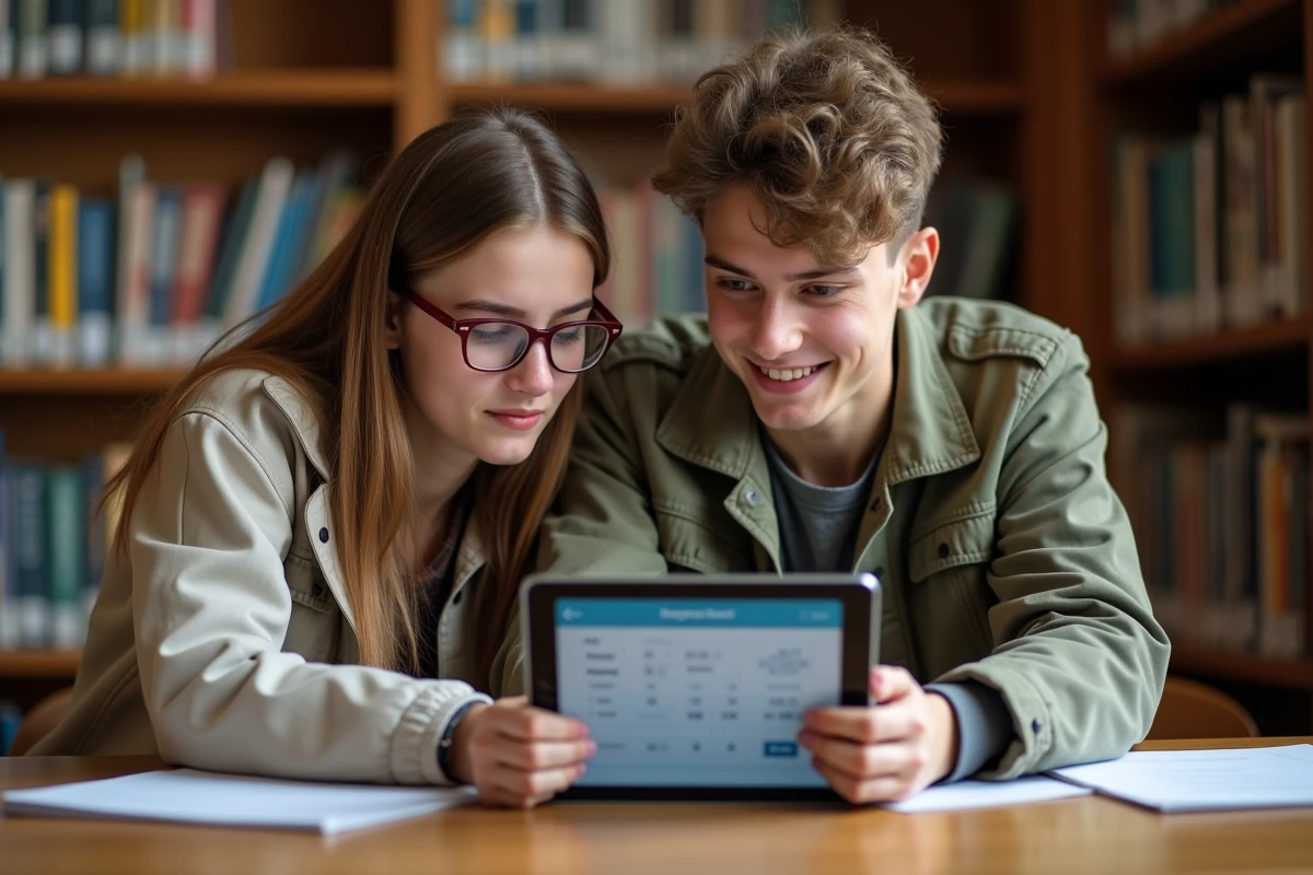 Deux lycéens utilisant un outil de calcul de moyenne générale sur tablette dans une bibliothèque scolaire