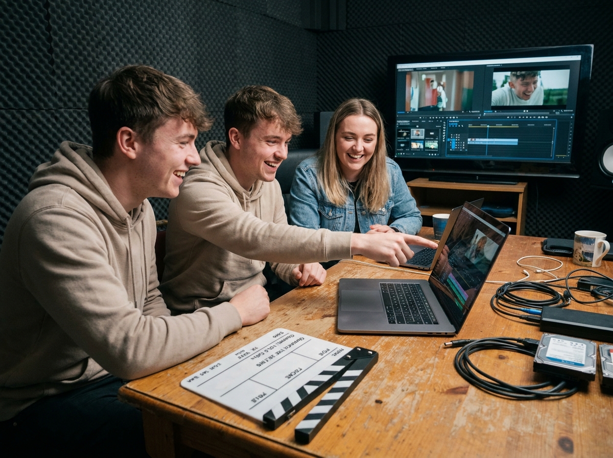 Groupe d'étudiants en cinéma collaborant dans une salle de montage autour d'un ordinateur portable