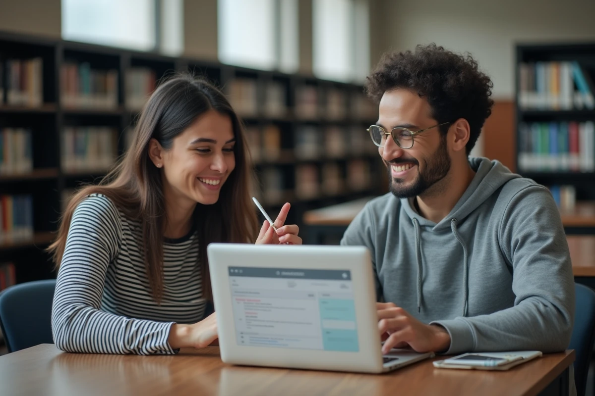 Deux étudiants consultant ensemble le calendrier des examens et rattrapages sur la plateforme LISE ENSAM dans une bibliothèque universitaire
