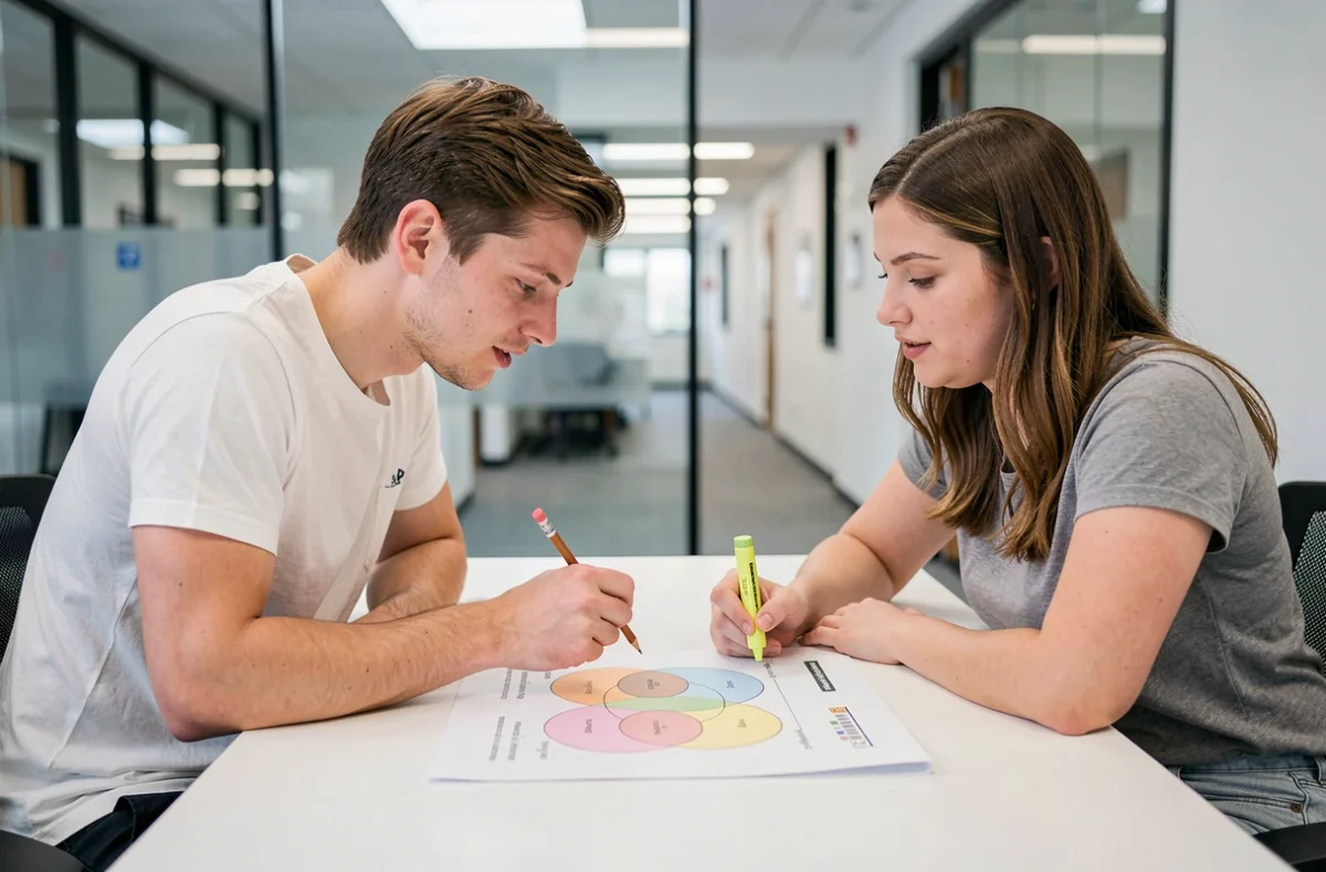 Deux étudiants travaillant ensemble sur des exercices de probabilités avec des diagrammes d'intersection d'ensembles