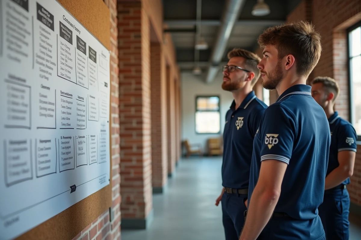Groupe d'étudiants en formation BTP consultant un parcours de financement affiché dans un couloir d'institut professionnel