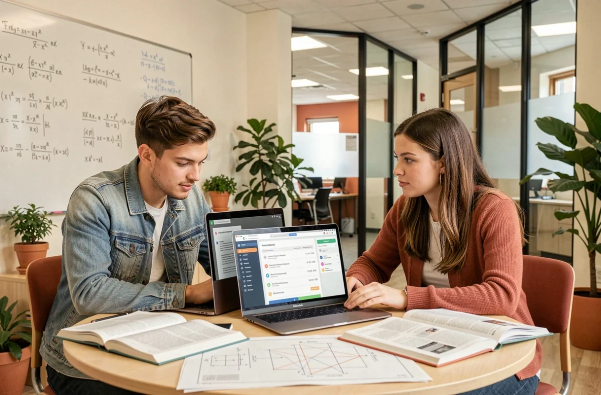 Deux étudiants ingénieurs consultant ensemble leurs cours et notes sur la plateforme ENT en salle de travail collaboratif