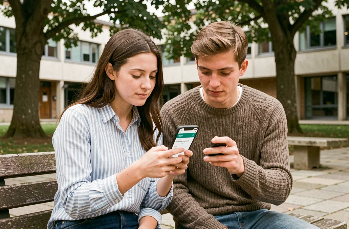 Deux étudiants consultant une confirmation de paiement de la CVEC sur smartphone dans une cour de campus universitaire