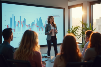 Femme d'affaires confiante présente lors d'un pitch en entreprise