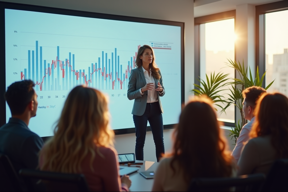 Femme d'affaires confiante présente lors d'un pitch en entreprise